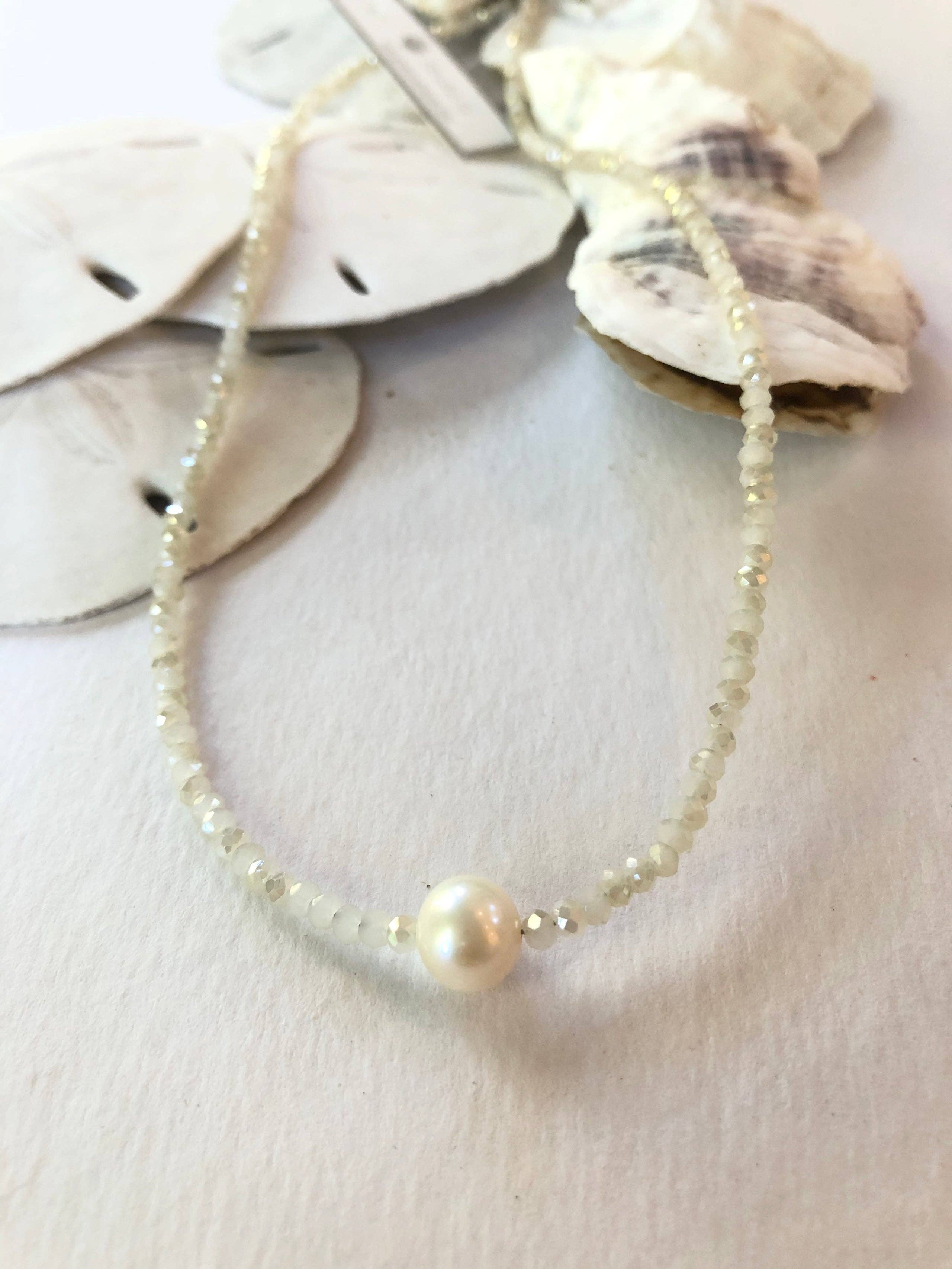 #114-Small Crystal Beaded Necklace with Pearl Center