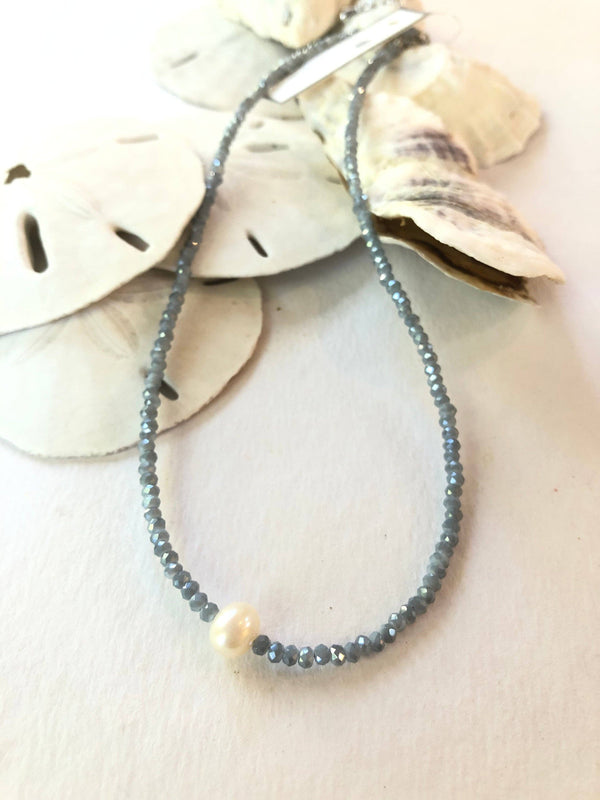#114-Small Crystal Beaded Necklace with Pearl Center