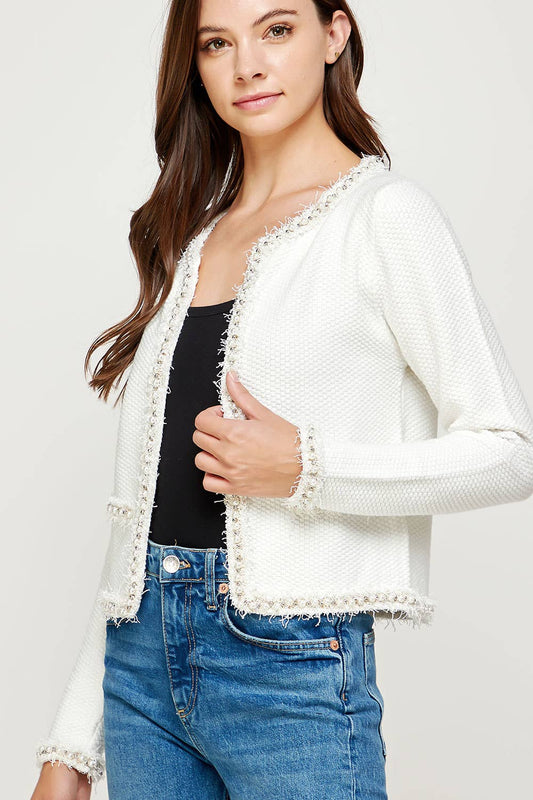 Josette Frayed Pearl Detail Textured Knit Sweater