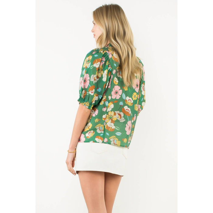 Floral Shirred Sleeve V-Neck Top