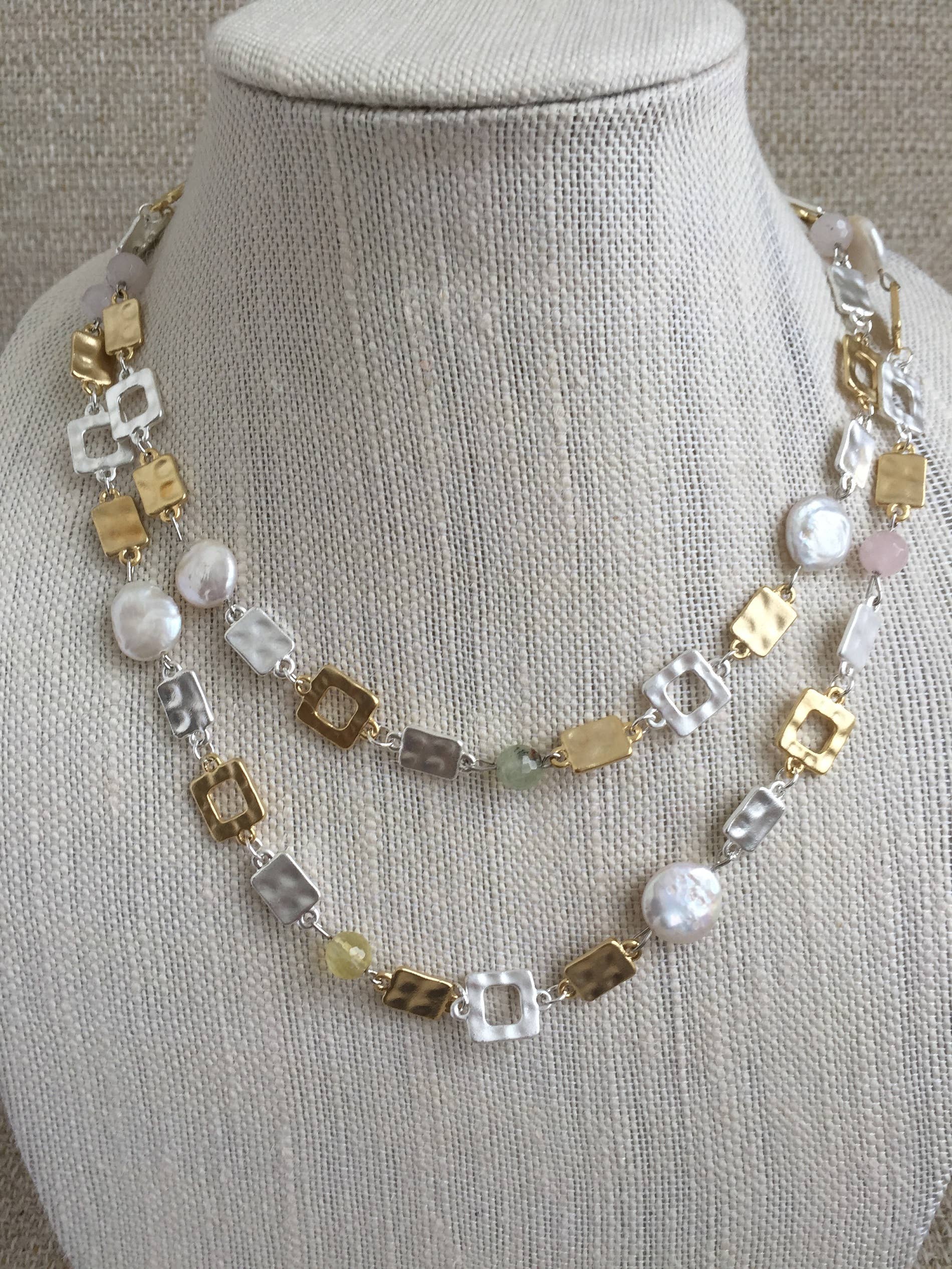 Geometric Gold/ Silver with Coin Pearl Long Necklace