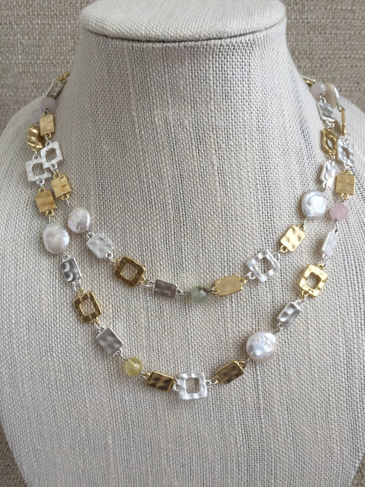 Geometric Gold/ Silver with Coin Pearl Long Necklace