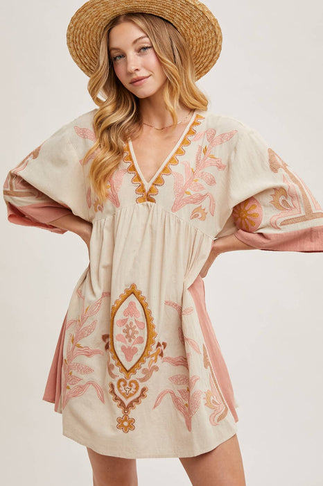 BOHO EMBROIDERED BABYDOLL DRESS