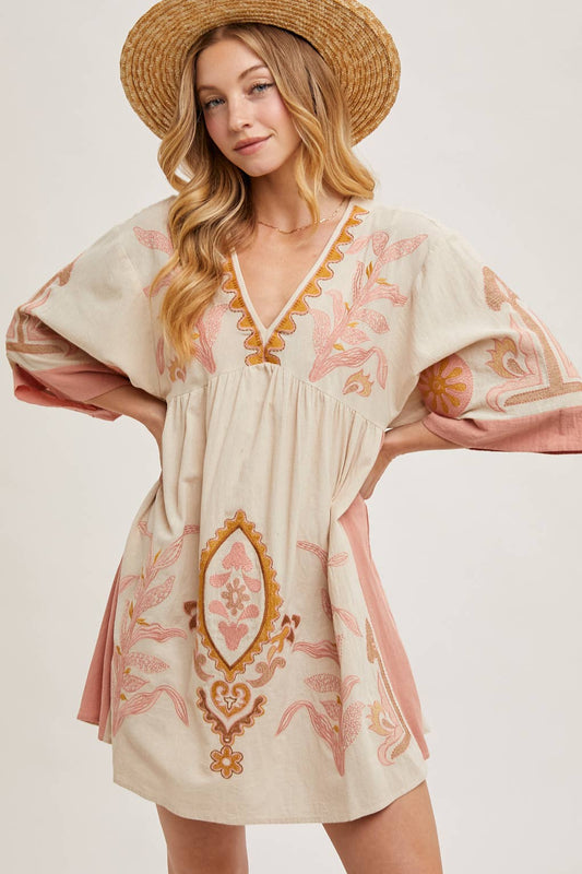 BOHO EMBROIDERED BABYDOLL DRESS