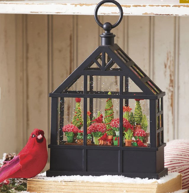 Christmas Flowers and Cardinals Lighted Greenhouse